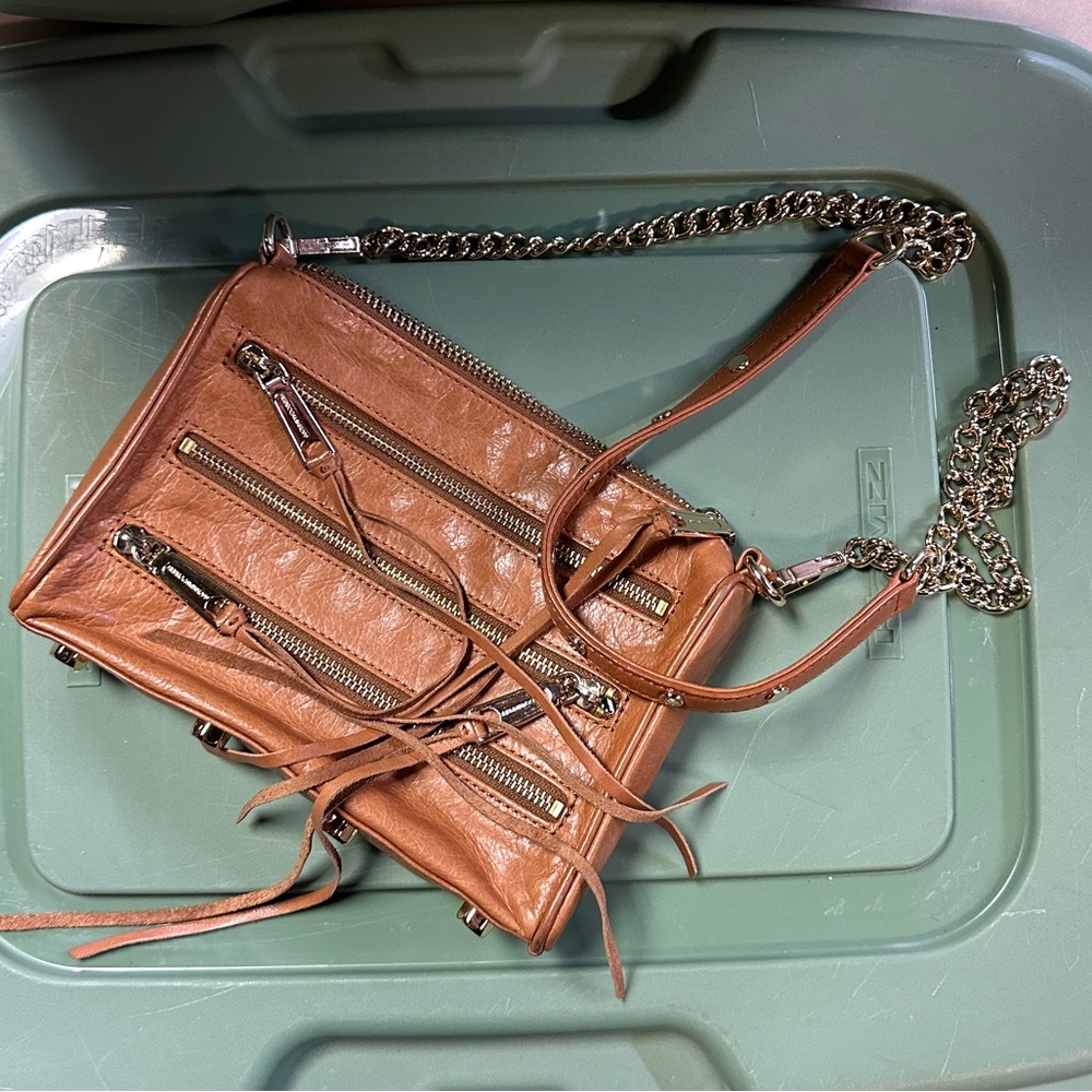 Rebecca Minkoff Tan Leather 3 Zipper Crossbody Bag with Chain